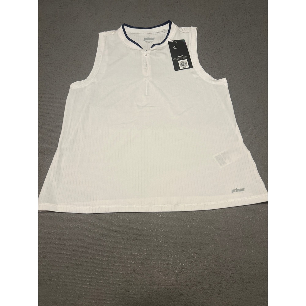 Prince Womens Rib Polo Tank Pure White Navy Trim WPT11316 Medium NWT